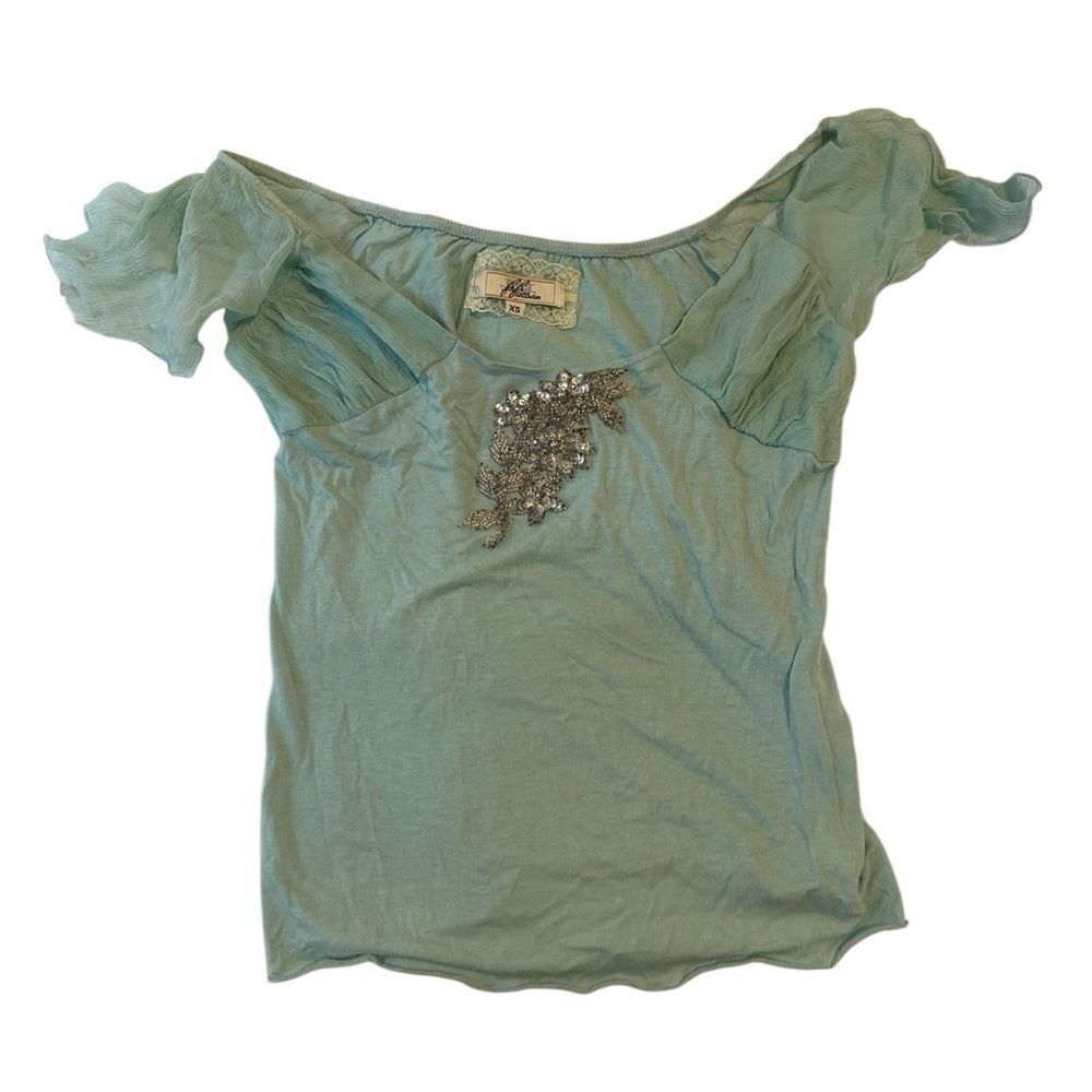 Anthropologie Mint Blouse with Metallic Detail